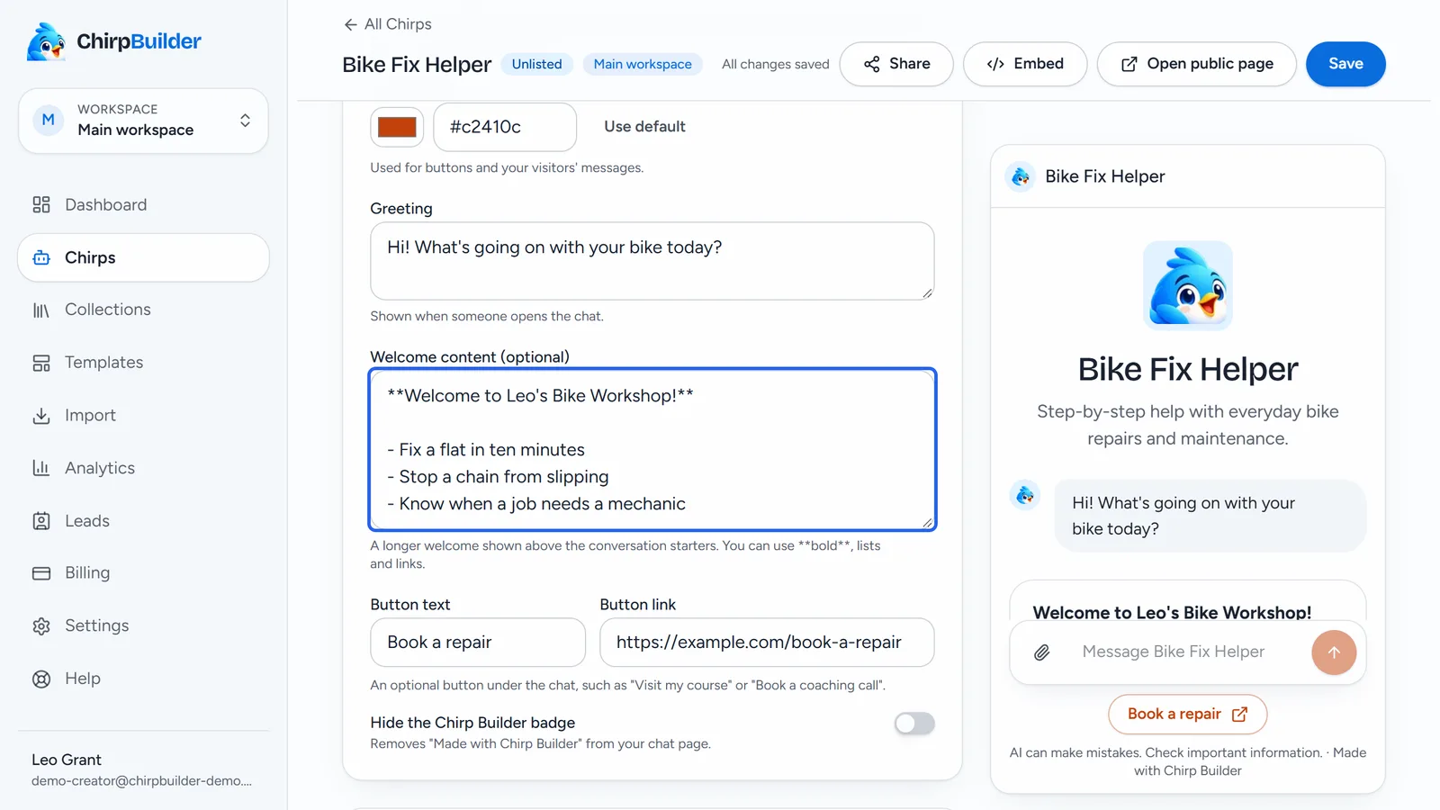 The Welcome content (optional) box outlined in Bike Fix Helper's editor, holding a bold welcome line and a short list.
