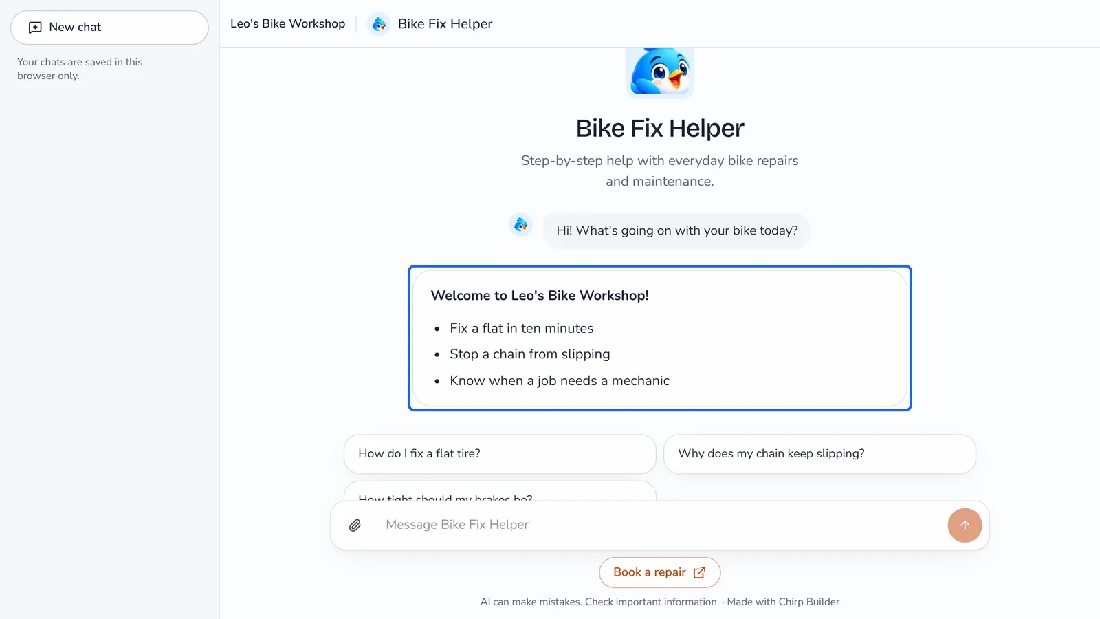 Bike Fix Helper's public page with the welcome card outlined: Welcome to Leo's Bike Workshop! and three things it helps with, between the greeting and the starters.