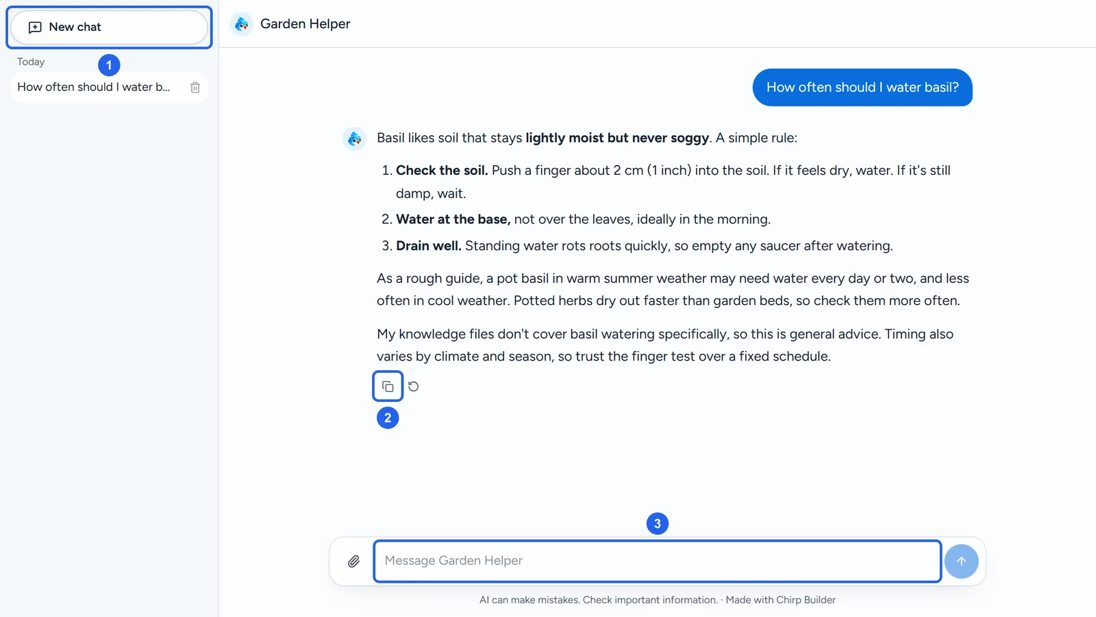Garden Helper's public page after a visitor asked How often should I water basil?: the chat list on the left with New chat (1), the answer with its Copy button (2), and the message box (3).