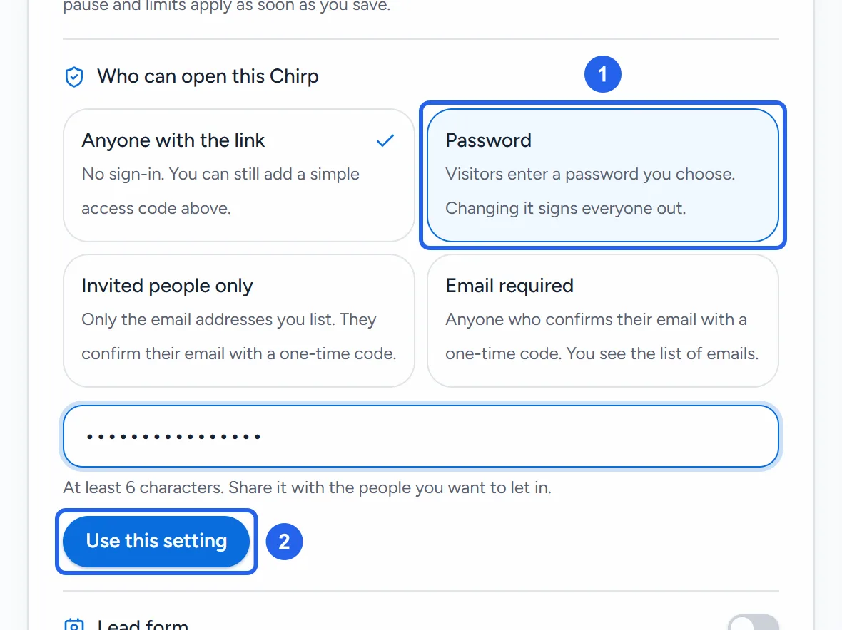 Who can open this Chirp with Password chosen (1), a password typed in, and the Use this setting button (2).