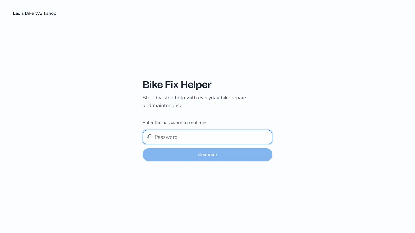 Bike Fix Helper's public page asking for the password: Enter the password to continue, a Password box and Continue.