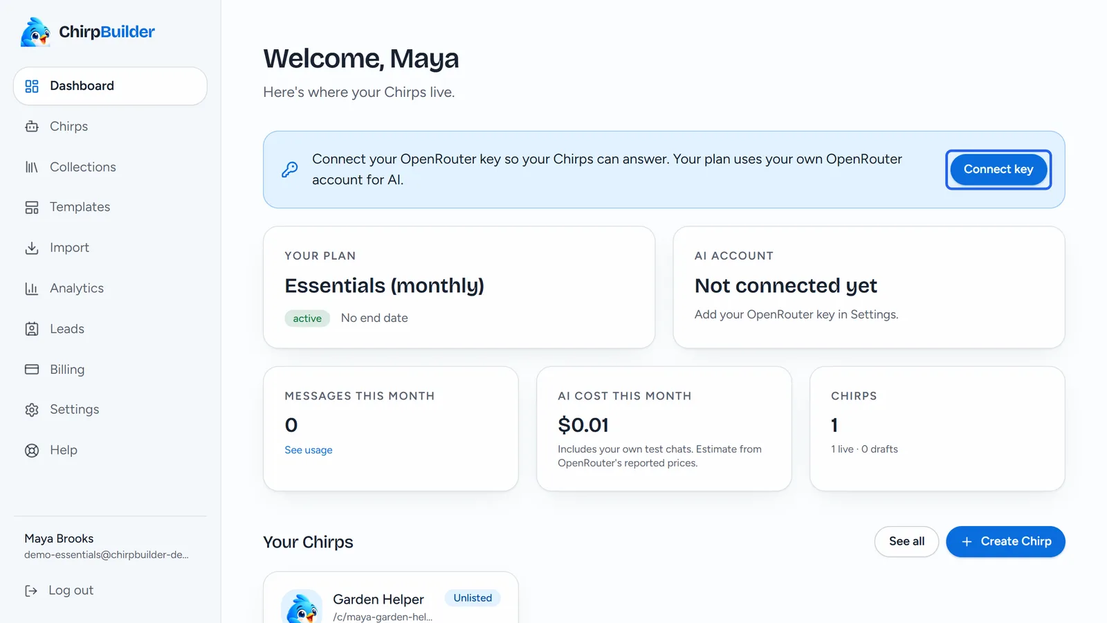 The dashboard with a banner: "Connect your OpenRouter key so your Chirps can answer" and a Connect key button.
