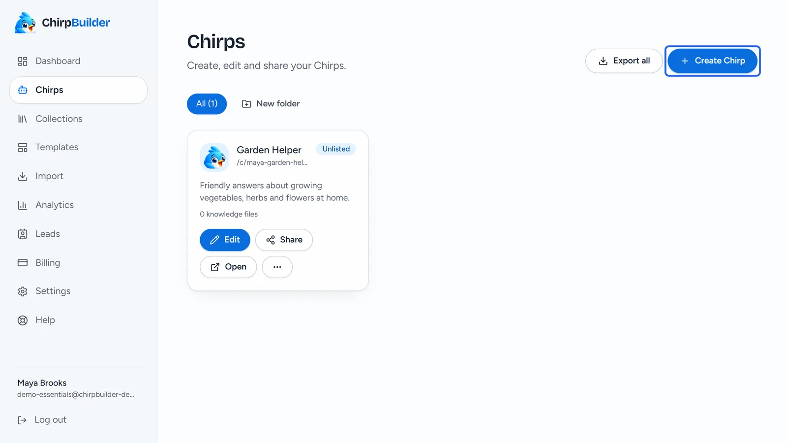 The Chirps page with the Create Chirp button outlined at the top right.