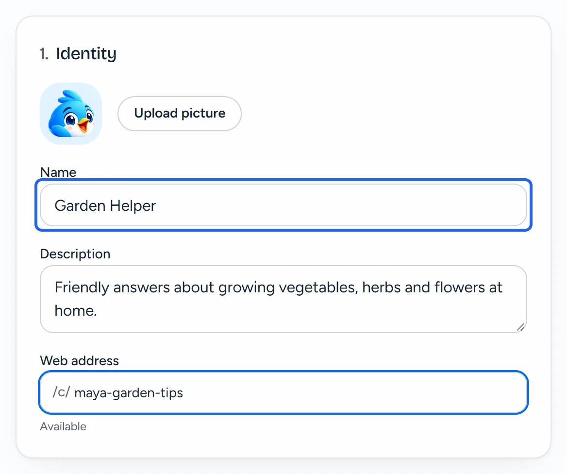The Identity section of a new Chirp with the name Garden Helper, a one-line description and the web address /c/maya-garden-tips.