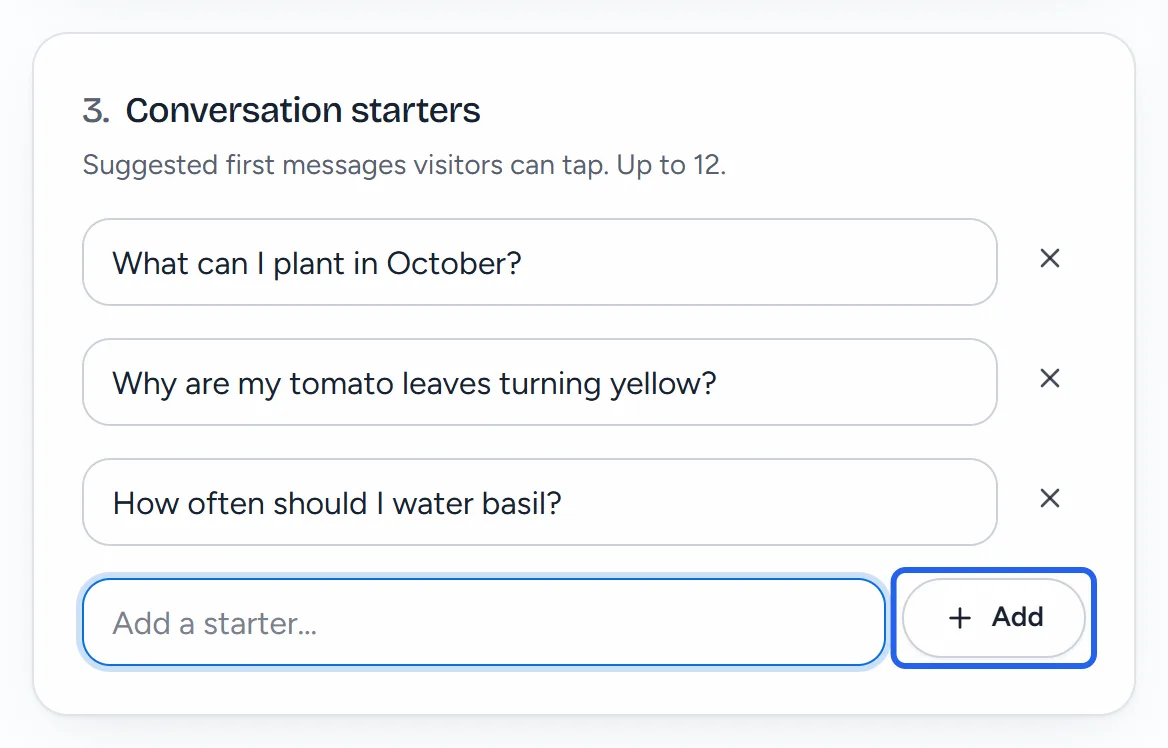 The Conversation starters section with three starters and the Add button.