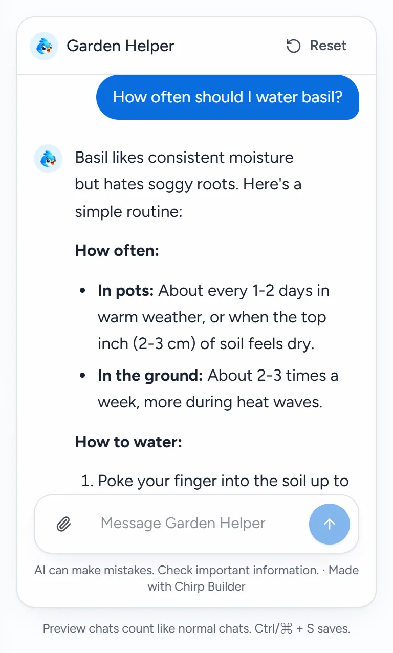 The preview chat beside the editor: the question "How often should I water basil?" and Garden Helper's answer.