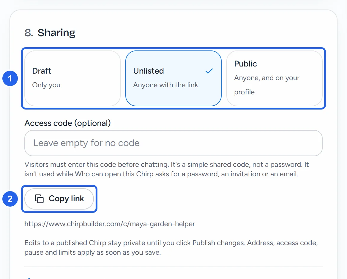 The Sharing section with Unlisted chosen and the Copy link button above the Chirp's web address.