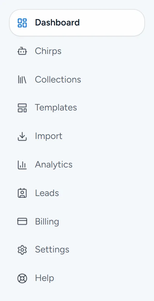 The dashboard menu: Dashboard, Chirps, Collections, Templates, Import, Analytics, Leads, Billing, Settings and Help.
