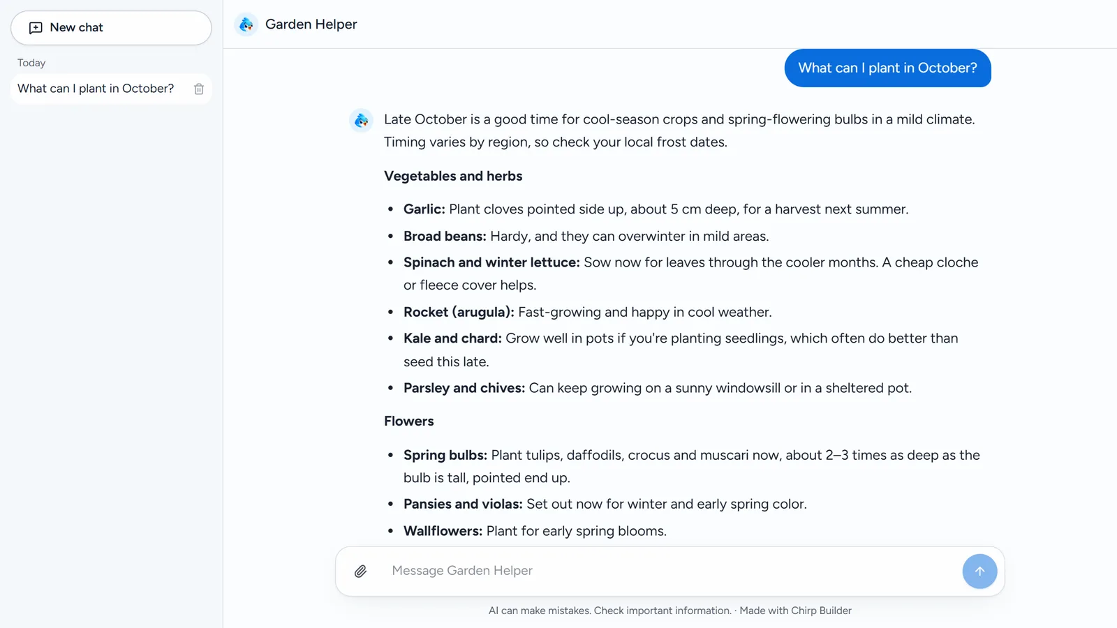 Garden Helper's public chat page. A visitor tapped "What can I plant in October?" and the Chirp answered with a short planting list.