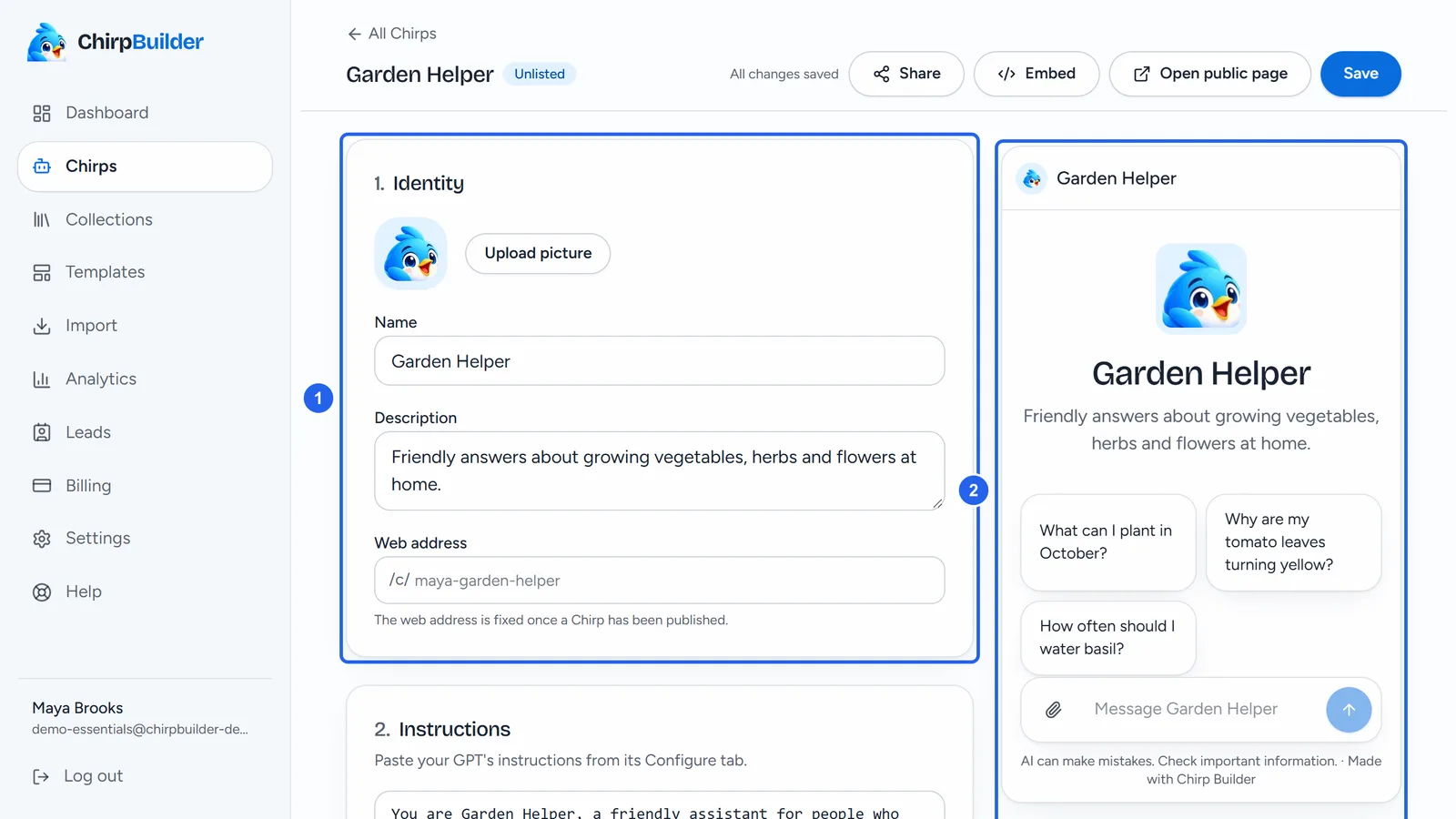 The editor for Garden Helper: the Identity section on the left and a preview of the chat on the right.
