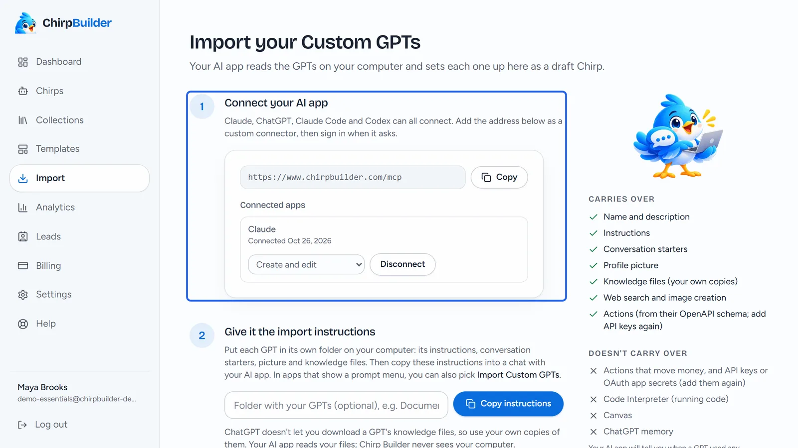The Import page: Import your Custom GPTs, with step 1 Connect your AI app and the address https://www.chirpbuilder.com/mcp.