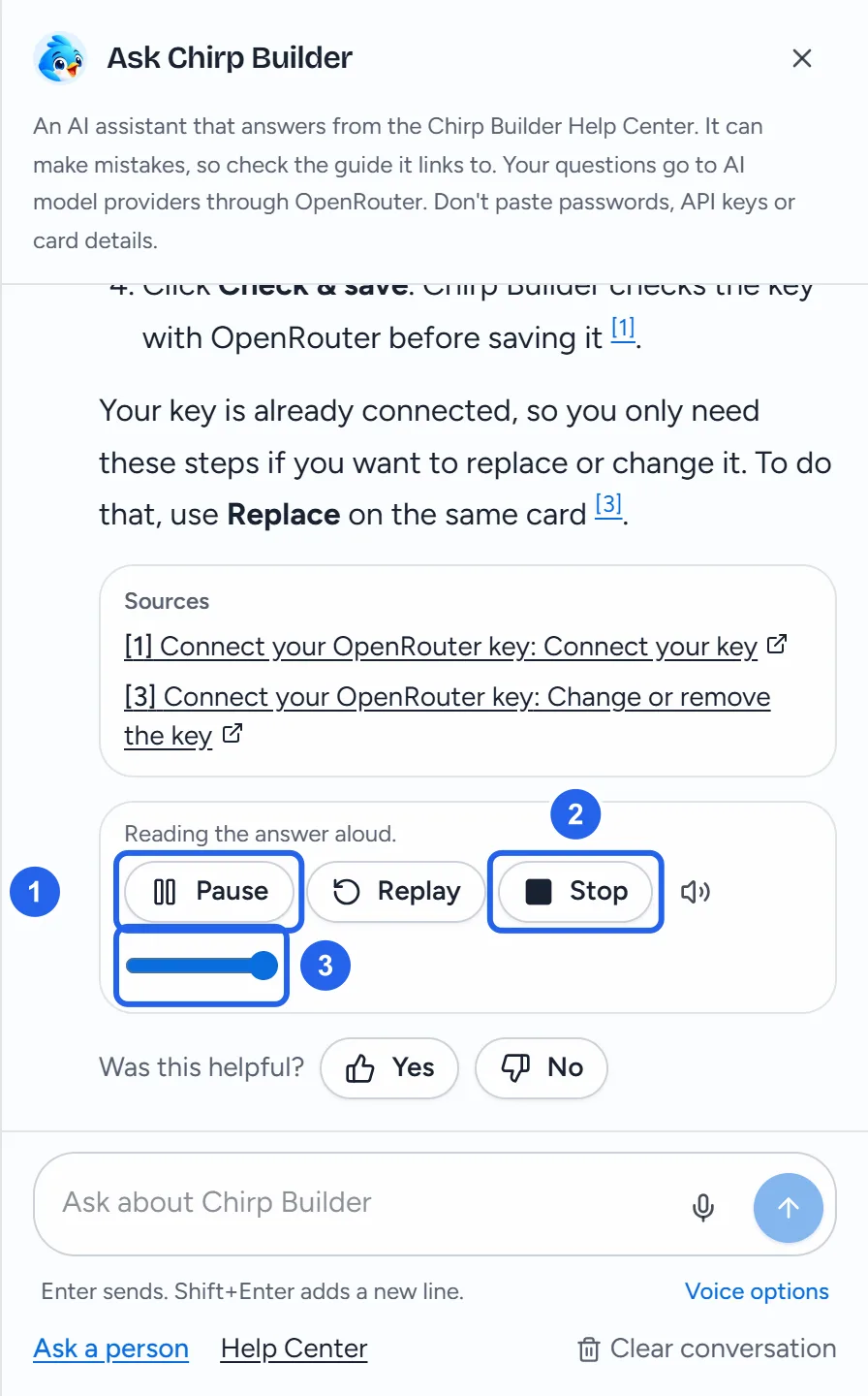 The answer to the spoken question about connecting an OpenRouter key, with its sources, and under it the player reading it aloud: Reading the answer aloud., Pause (1), Replay, Stop (2), a speaker button and the volume slider (3).