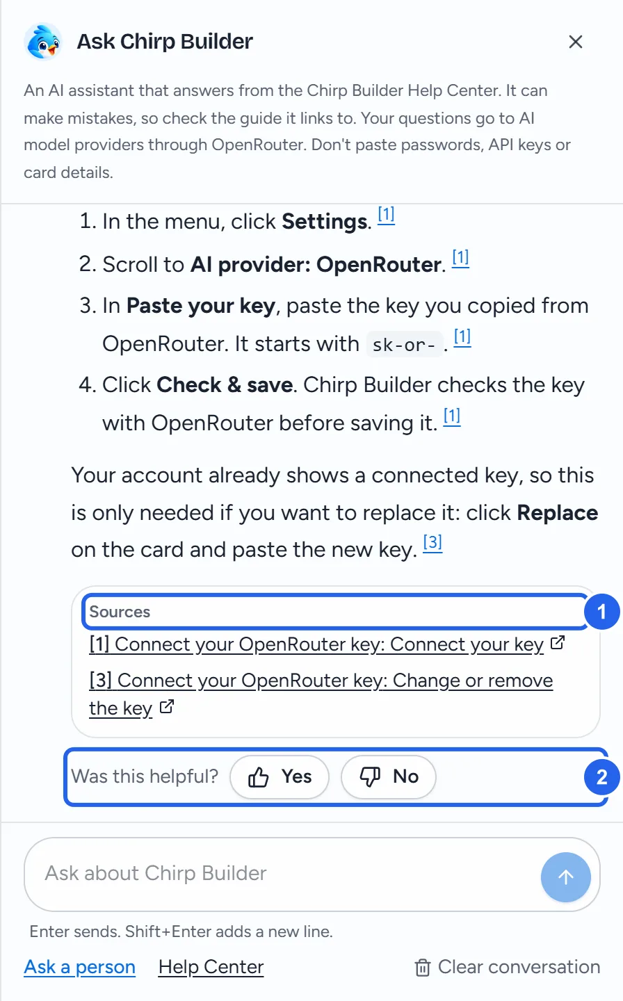 The Ask Chirp Builder panel on Leo's dashboard, at the end of an answer about connecting an OpenRouter key: the last steps with numbered links, the Sources list (1) with the Connect your OpenRouter key guide's sections, Was this helpful? with Yes and No (2), and under the question box Ask a person, Help Center and Clear conversation.