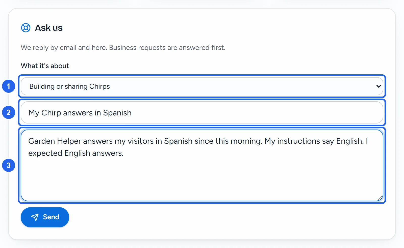 The Ask us card on Maya's Help page: What it's about set to Building or sharing Chirps (1), the subject My Chirp answers in Spanish (2), the message (3), and Send.