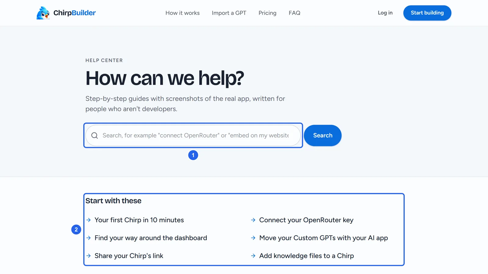 The Help Center home, signed out: How can we help? with the big search box (1), and Start with these (2), six guides most people need first.