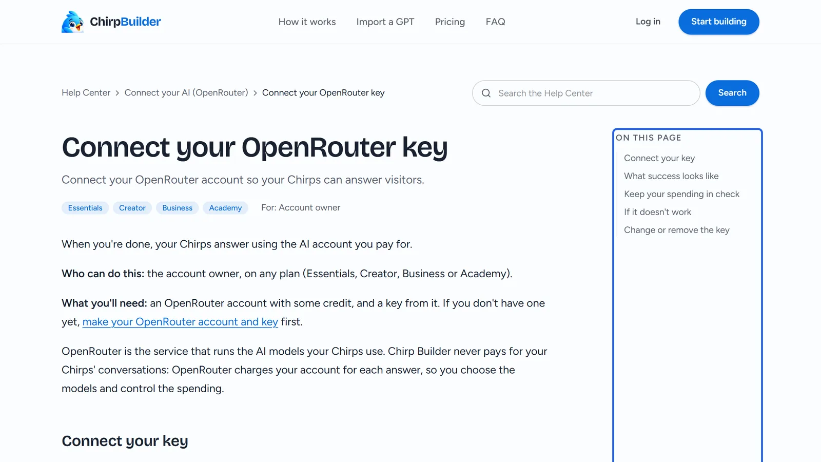 The guide Connect your OpenRouter key: its title, plan labels and For line, the steps with a screenshot, and On this page outlined on the right.