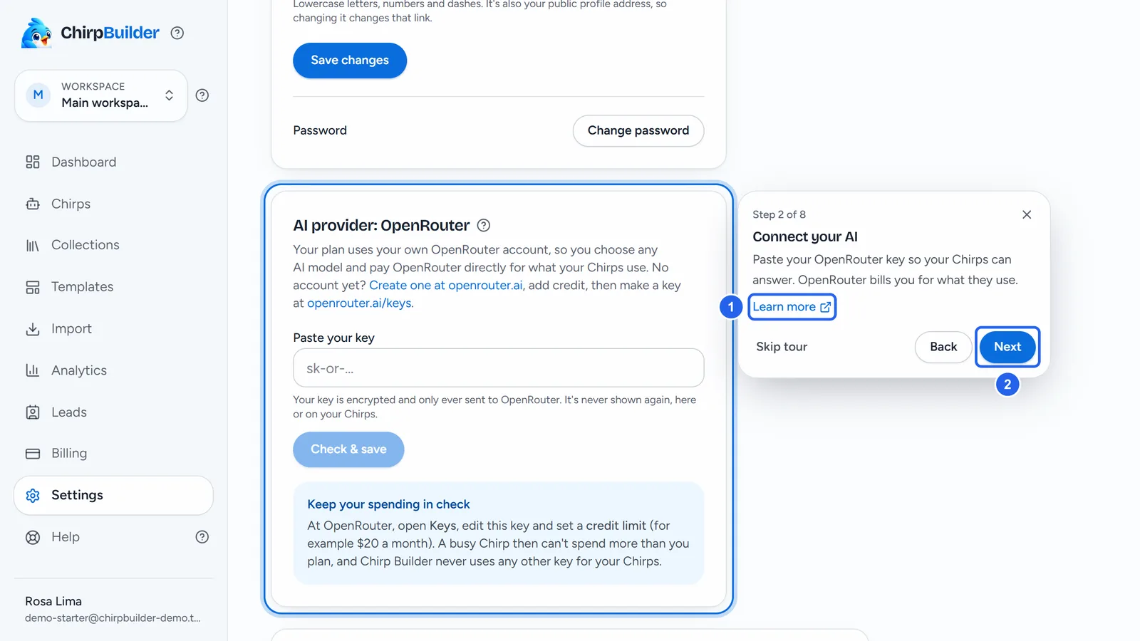Step 2 of 8 of the tour Get your first Chirp live on Rosa's Settings page: the AI provider: OpenRouter card is outlined, and a card beside it says Connect your AI, with Learn more (1), Skip tour, Back and Next (2).