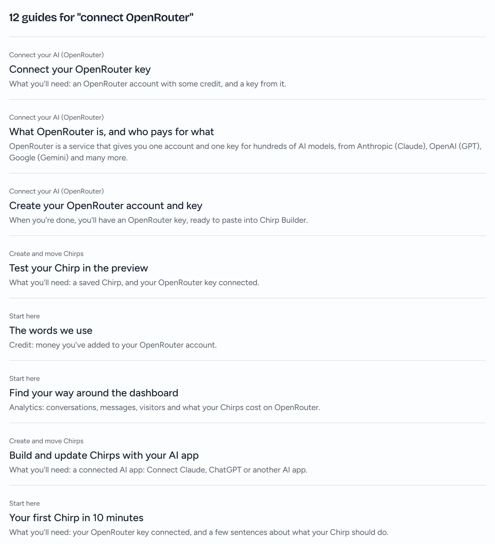 Help Center search results for connect OpenRouter: the heading 12 guides for "connect OpenRouter" and the first 8 results, such as Connect your OpenRouter key and What OpenRouter is, and who pays for what, each with its topic and a sentence from it.