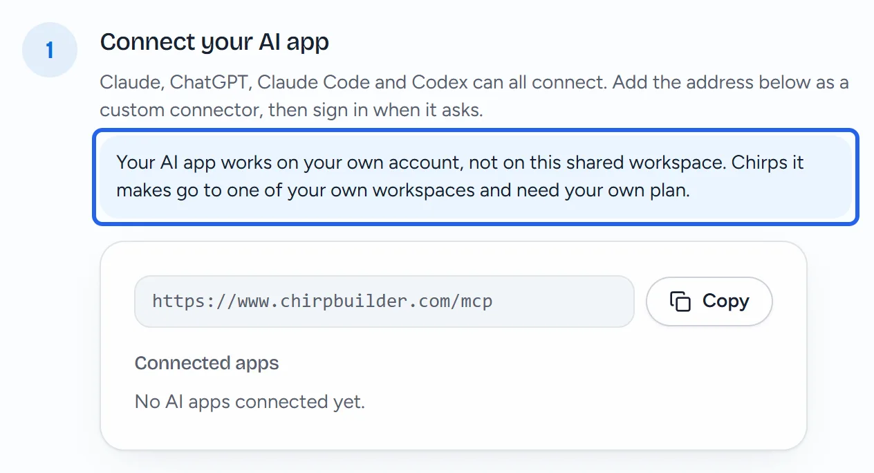 Step 1, Connect your AI app, on the Import page while Dan has Priya Shah's Harbor Dental workspace open: the outlined note Your AI app works on your own account, not on this shared workspace. Chirps it makes go to one of your own workspaces and need your own plan., then the address https://www.chirpbuilder.com/mcp with Copy, and Dan's own Connected apps list.