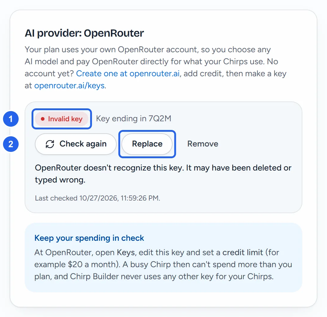 The AI provider: OpenRouter card in Settings: Invalid key (1) and Key ending in 7Q2M, the buttons Check again, Replace (2) and Remove, the reason OpenRouter doesn't recognize this key. It may have been deleted or typed wrong., and when it was last checked.