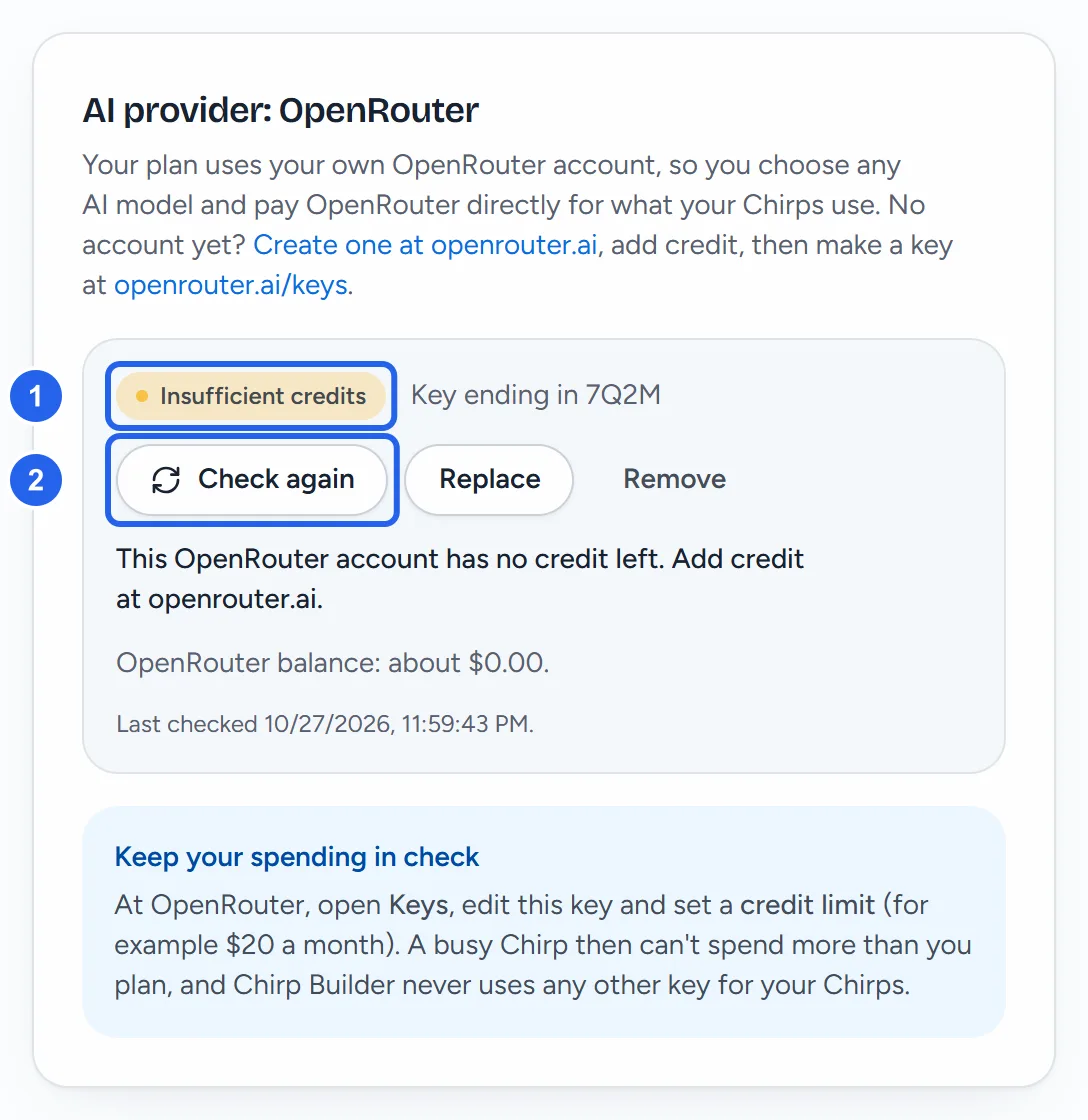 The AI provider: OpenRouter card in Settings: Insufficient credits (1) and Key ending in 7Q2M, the buttons Check again (2), Replace and Remove, the reason This OpenRouter account has no credit left. Add credit at openrouter.ai., OpenRouter balance: about $0.00, and when it was last checked.