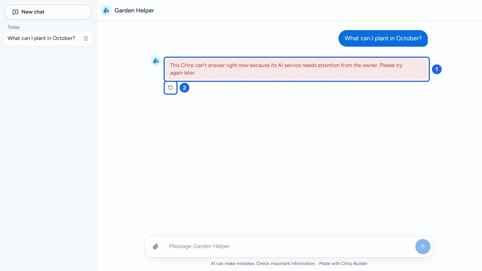 Garden Helper's public page after a visitor clicked What can I plant in October?: the question, then, in place of an answer, a red box (1) saying This Chirp can't answer right now because its AI service needs attention from the owner. Please try again later., and the Regenerate button under it (2).