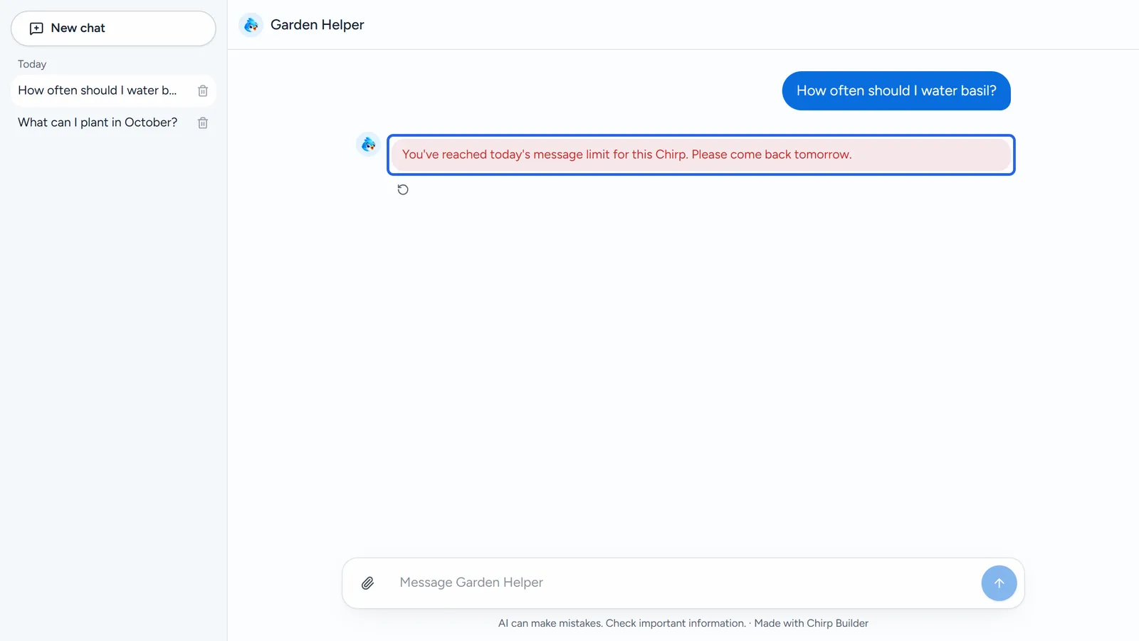 Garden Helper's public page in a new chat: the question How often should I water basil? and, outlined, a red box saying You've reached today's message limit for this Chirp. Please come back tomorrow. The chat list on the left also shows the visitor's earlier chat, What can I plant in October?