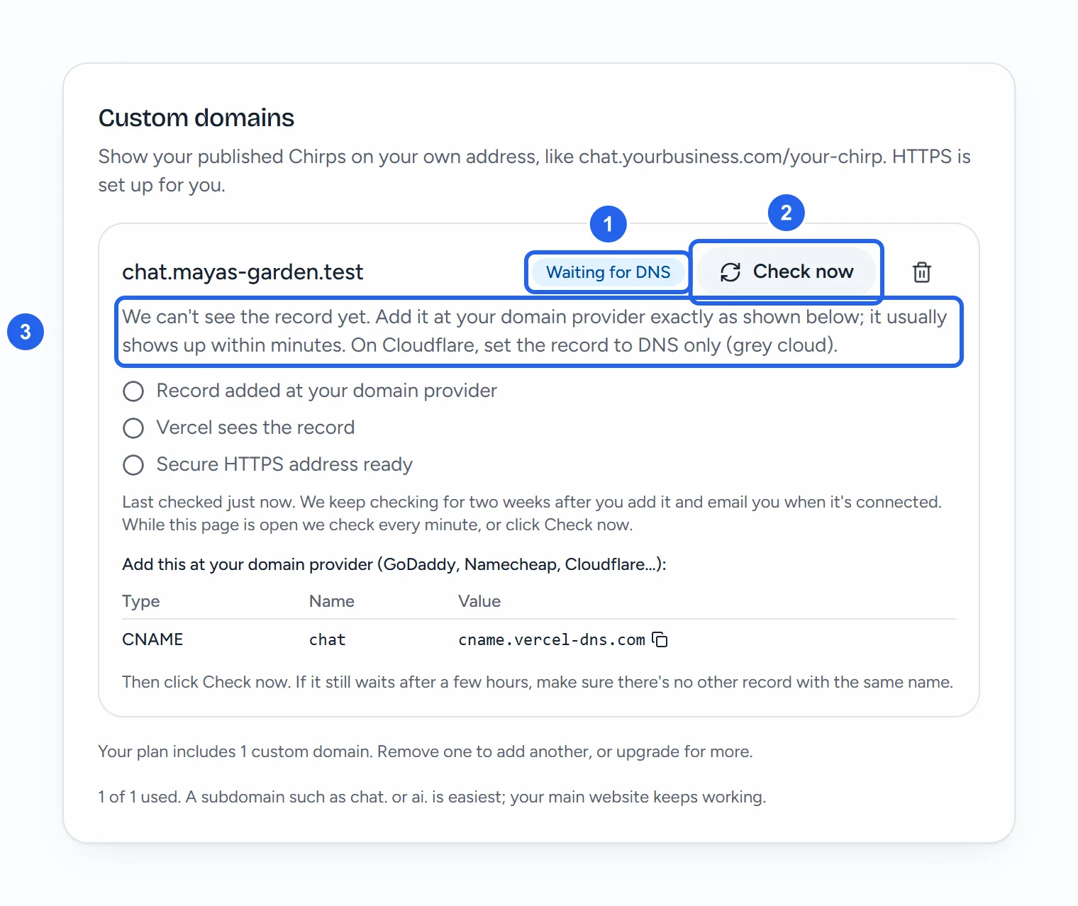 The Custom domains card in Maya's Settings: chat.mayas-garden.test marked Waiting for DNS (1), with Check now (2) and the bin on its row; under it the line We can't see the record yet. Add it at your domain provider exactly as shown below; it usually shows up within minutes. On Cloudflare, set the record to DNS only (grey cloud). (3); the checklist with nothing ticked; Last checked just now, with the advice to keep the page open or click Check now; and the CNAME record to add, name chat, value cname.vercel-dns.com. At the bottom, 1 of 1 used.