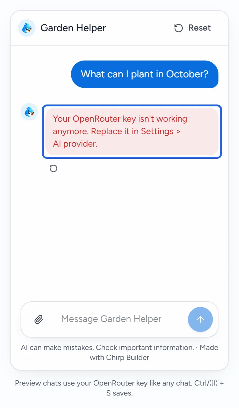The preview chat beside Garden Helper's editor after the question What can I plant in October?: in place of an answer, a red box, outlined, says Your OpenRouter key isn't working anymore. Replace it in Settings > AI provider. The Regenerate button is under it.