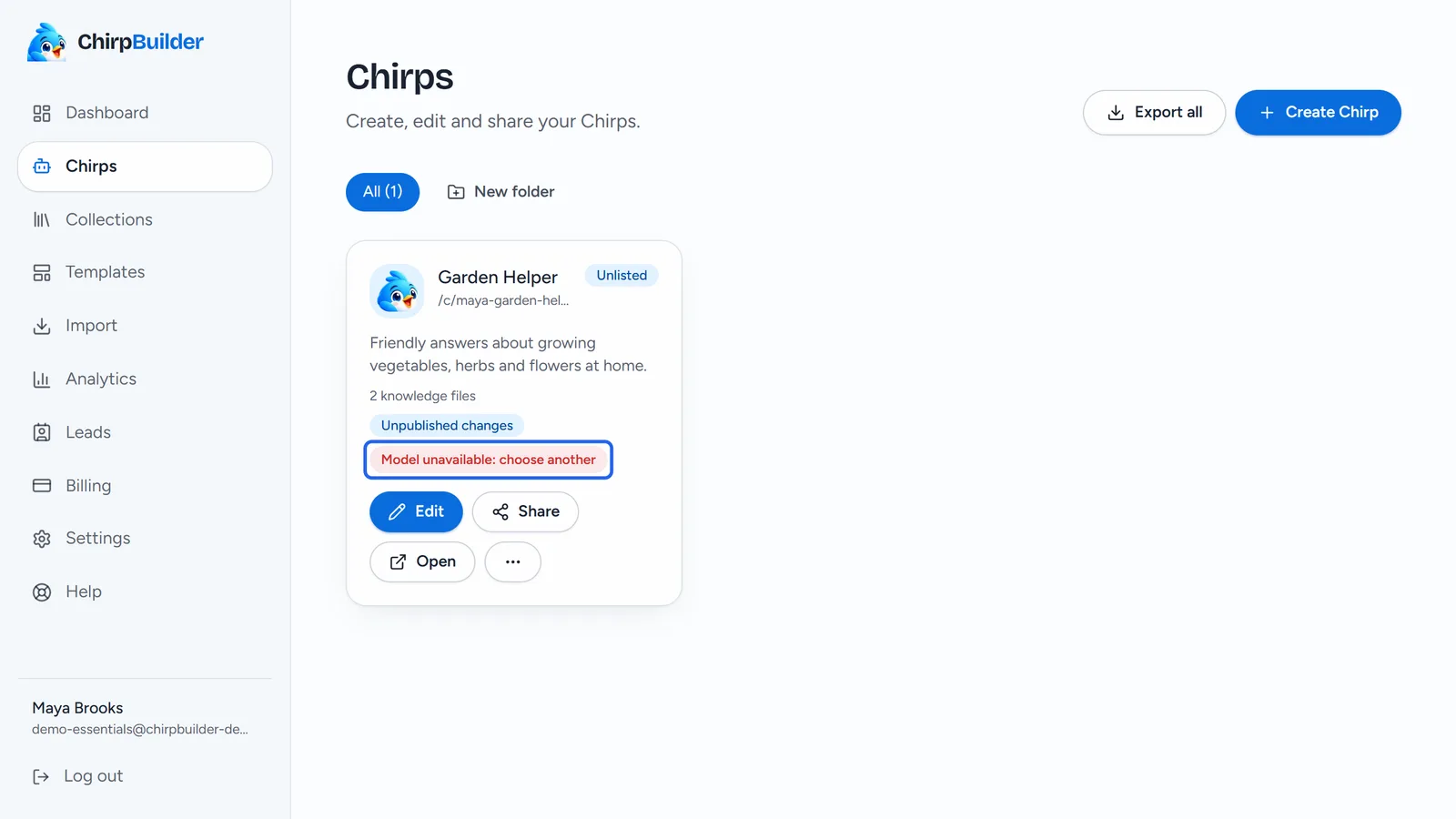 The Chirps page. Garden Helper's card shows Unlisted, Unpublished changes and, outlined, the red label Model unavailable: choose another.