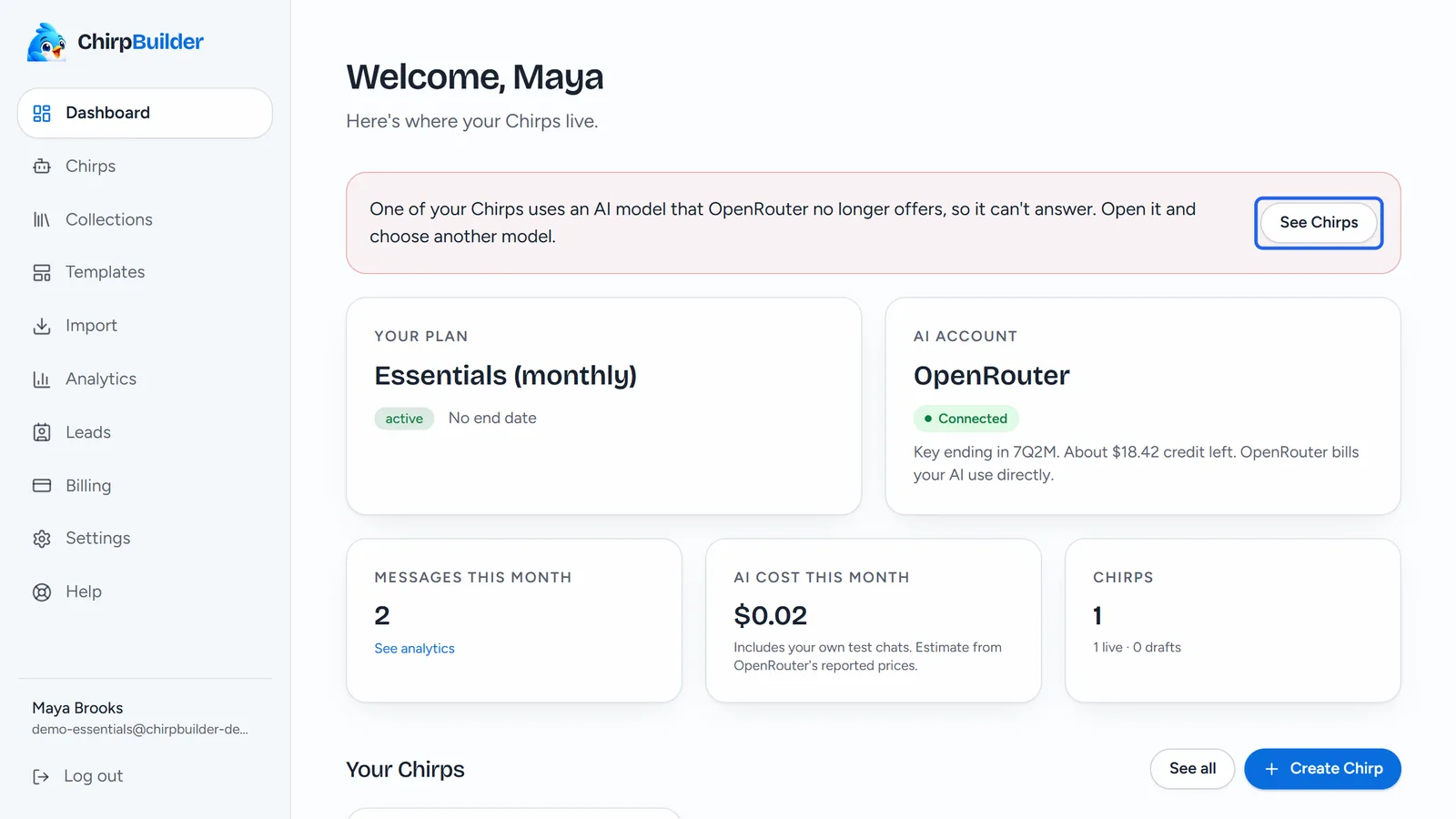 Maya's dashboard with a red banner at the top: One of your Chirps uses an AI model that OpenRouter no longer offers, so it can't answer. Open it and choose another model., and the See Chirps button outlined.