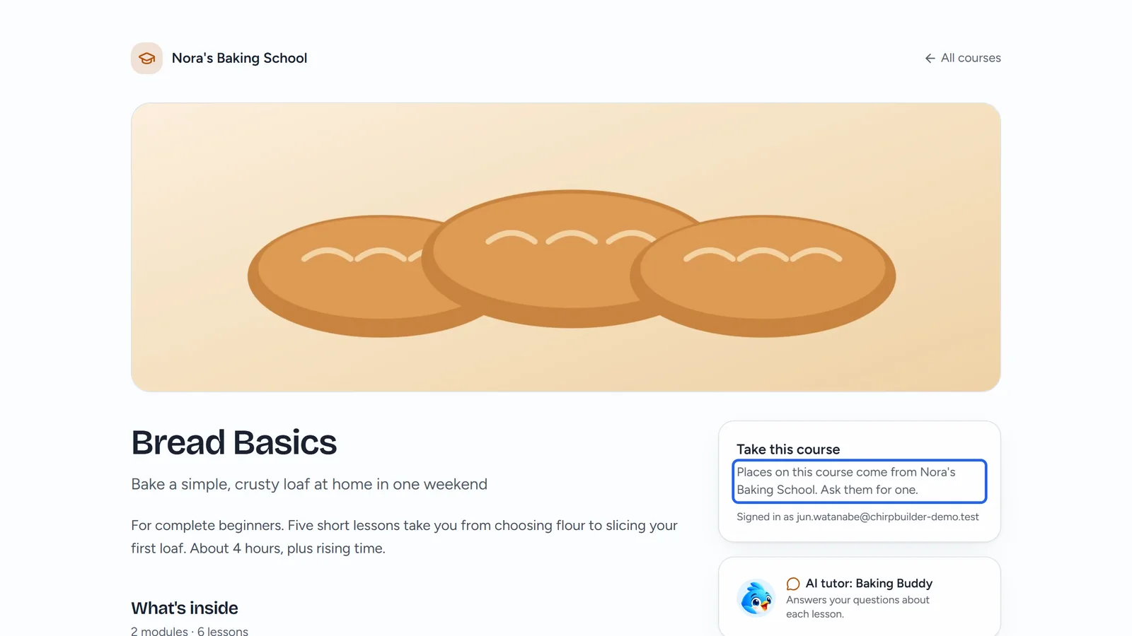 The Bread Basics course page while Jun Watanabe is signed in: the course's title, description and outline, and on the right the Take this course box with the outlined text Places on this course come from Nora's Baking School. Ask them for one., then Signed in as and Jun's email address, above the AI tutor card.